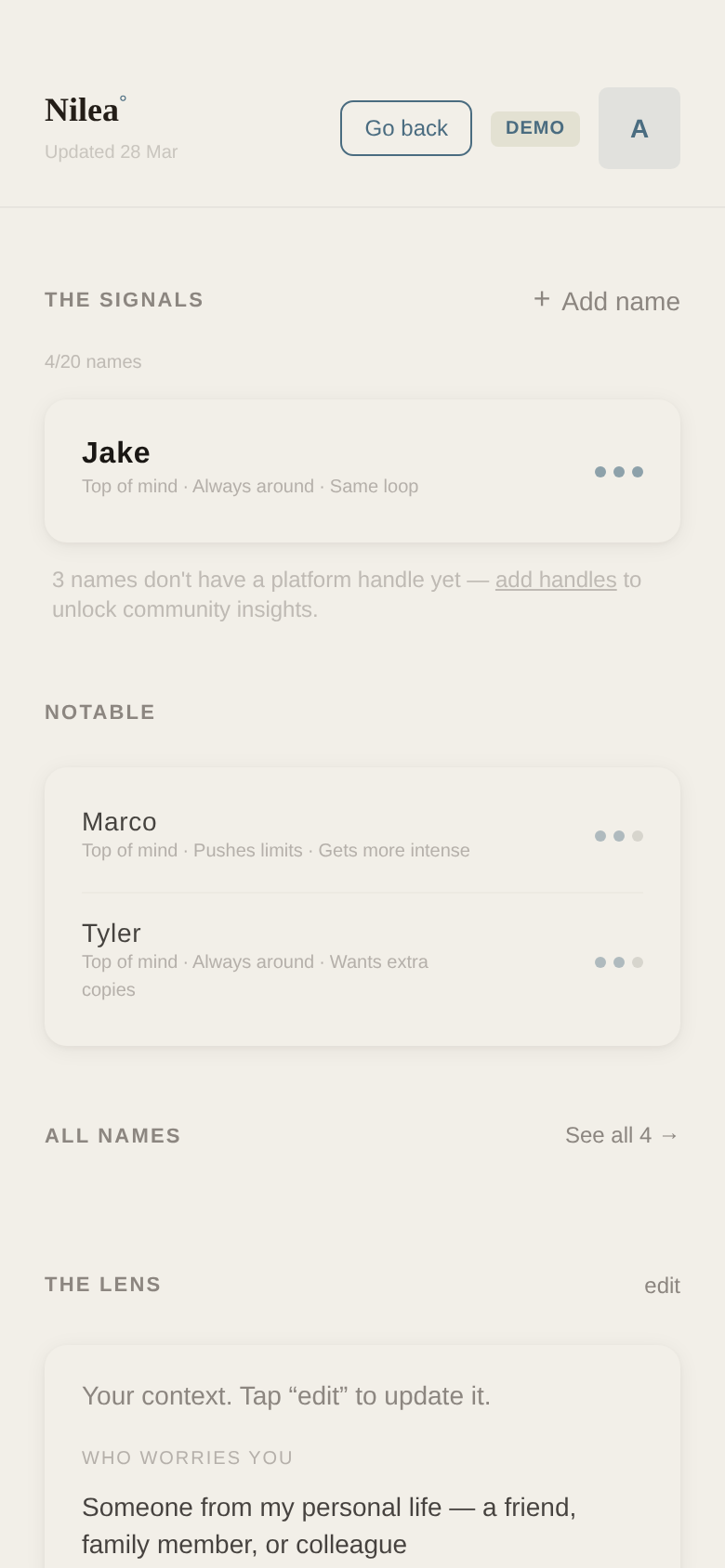 The Signals view — subscriber names sorted by signal weight