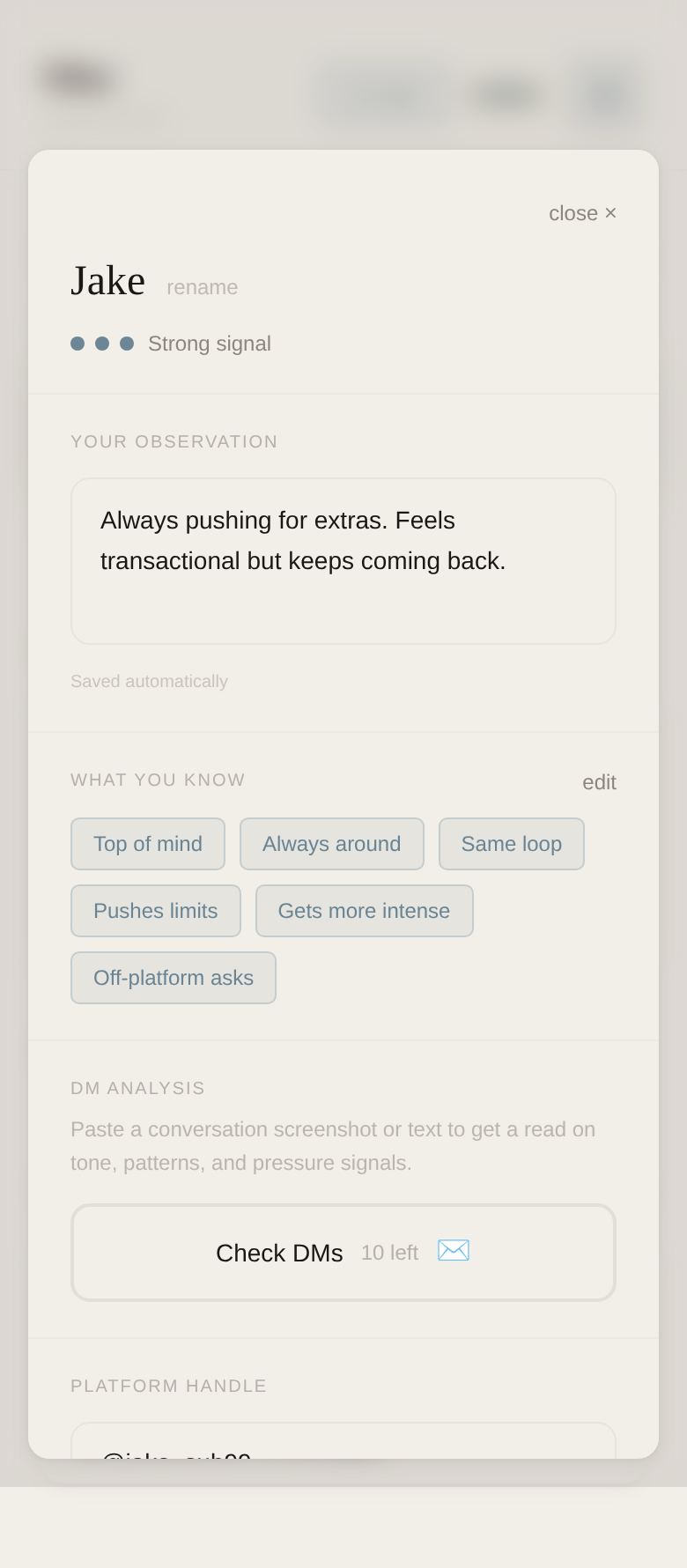 Name drawer — Jake's tags, observation note, and Check DMs